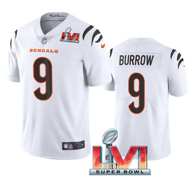 Men's Cincinnati Bengals #9 Joe Burrow 2022 White Super Bowl LVI Vapor Limited Stitched Jersey Men's Cincinnati Bengals #9 Joe Burrow 2022 White Super Bowl LVI Vapor Limited Stitched Jersey